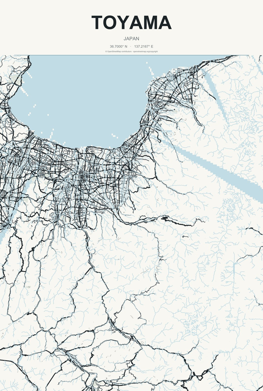 Toyama, Japan City Map Aluminum Sign in Headline Atlas style