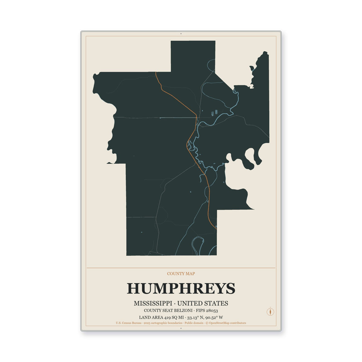 Humphreys County, Mississippi Map Aluminum Sign in Headline Atlas style