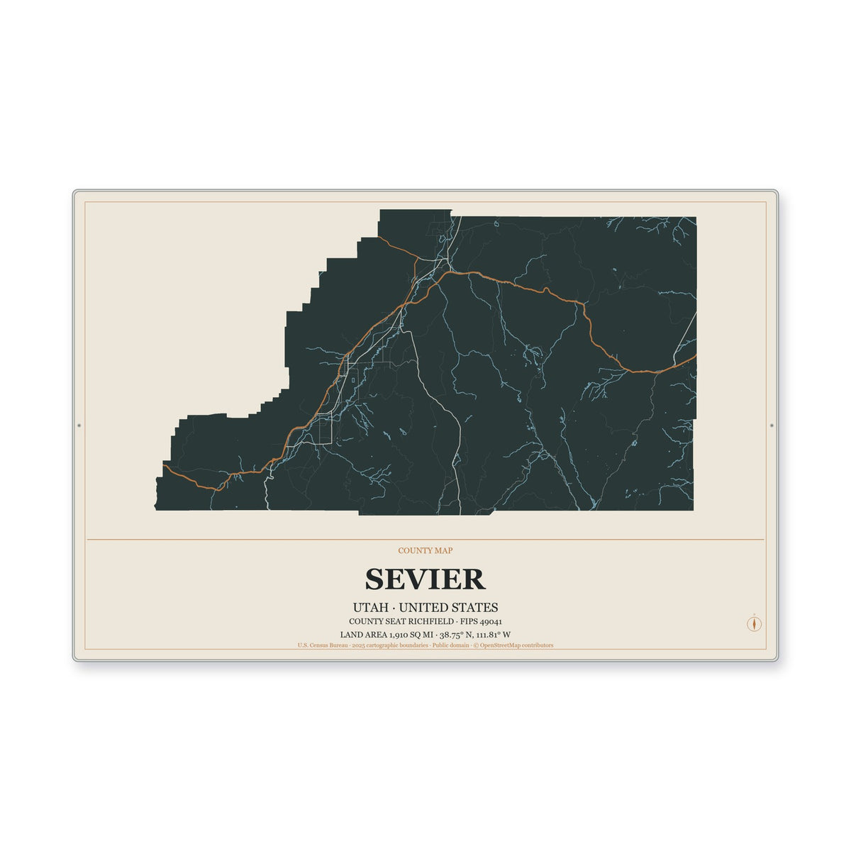Sevier County, Utah Map Aluminum Sign in Headline Atlas style