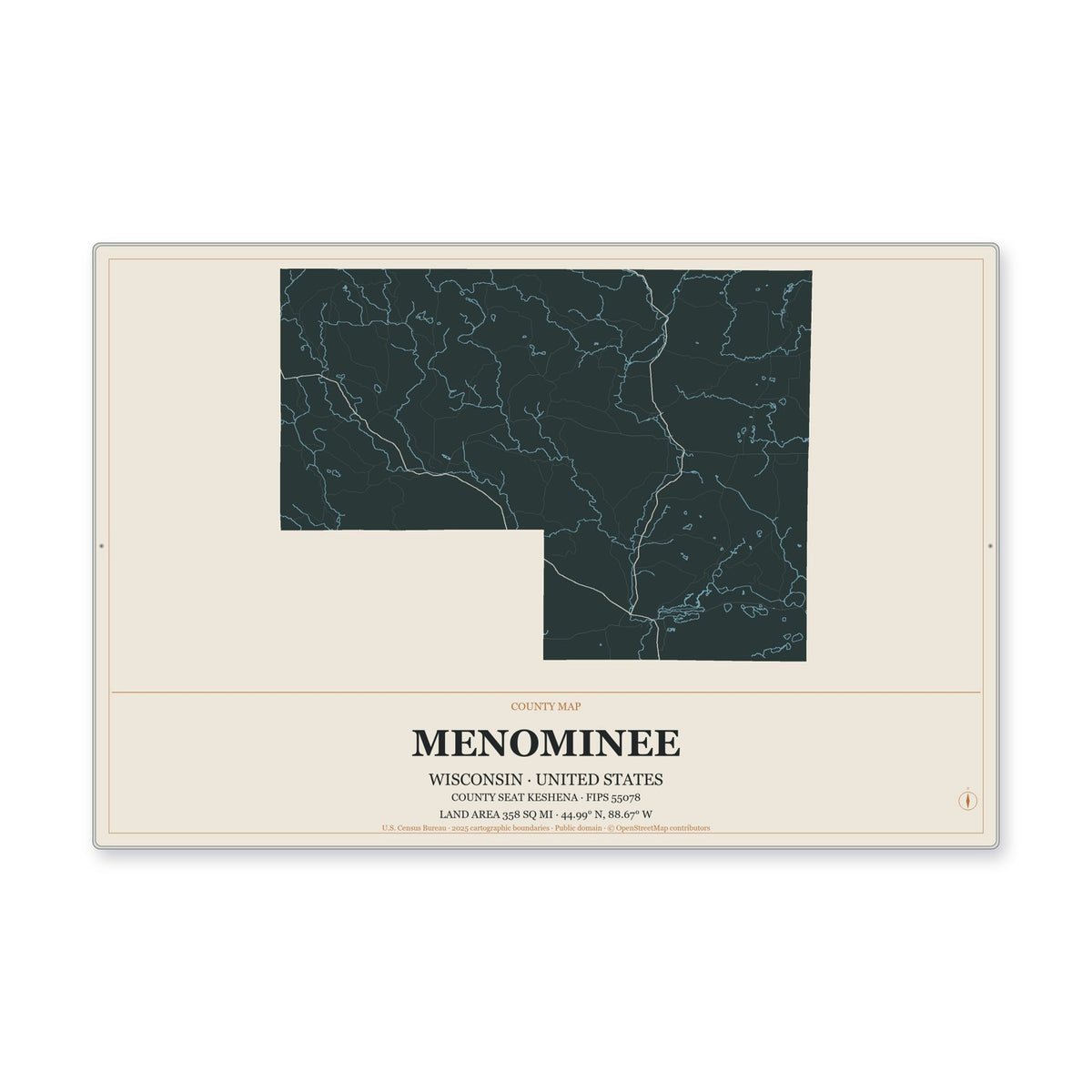 Menominee County, Wisconsin Map Aluminum Sign in Headline Atlas style