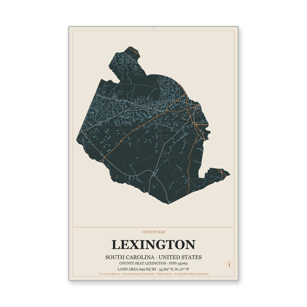 Lexington County, South Carolina Map Aluminum Sign in Headline Atlas style
