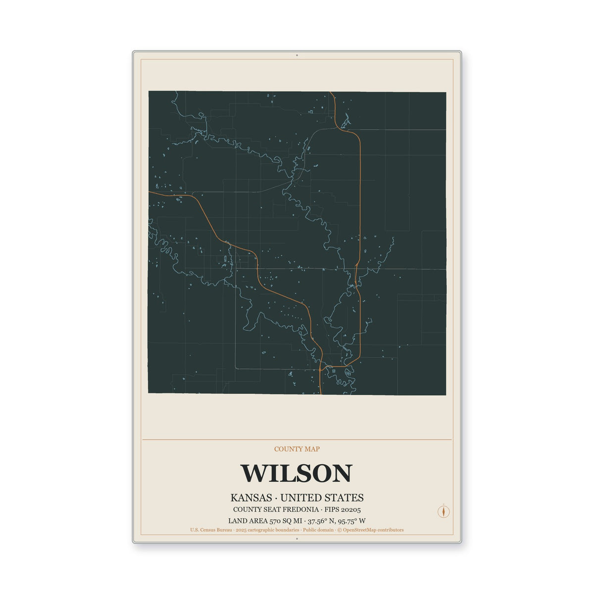 Wilson County, Kansas Map Aluminum Sign in Headline Atlas style