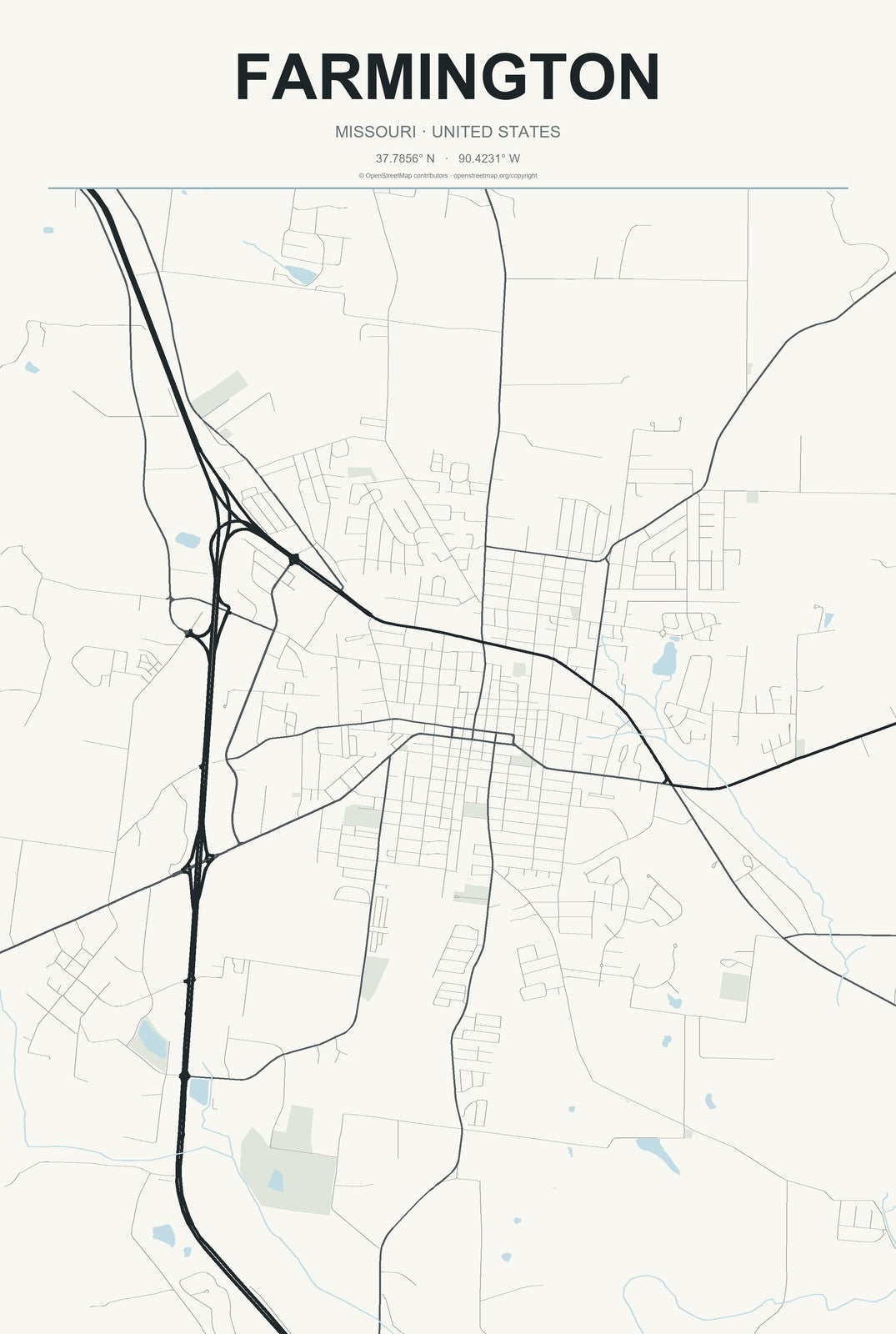 Farmington, Missouri City Map Aluminum Sign in Headline Atlas style
