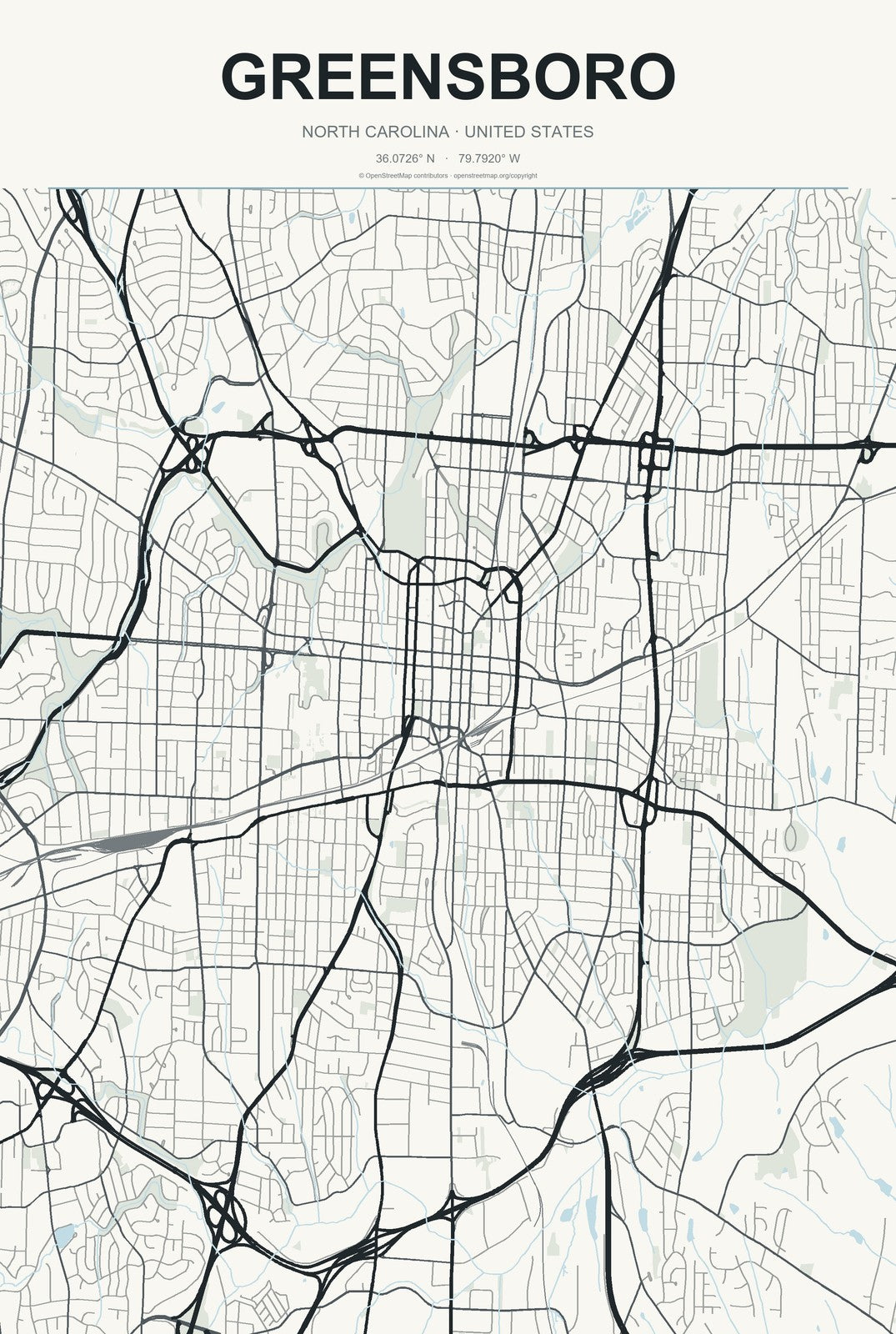 Greensboro, North Carolina City Map Aluminum Sign in Headline Atlas style