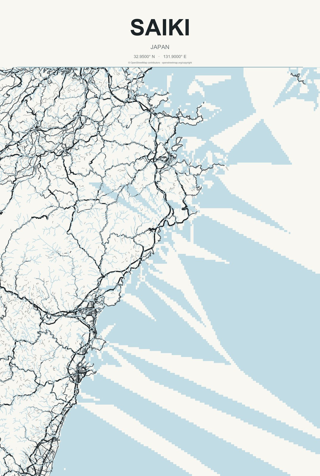 Saiki, Japan City Map Aluminum Sign in Headline Atlas style