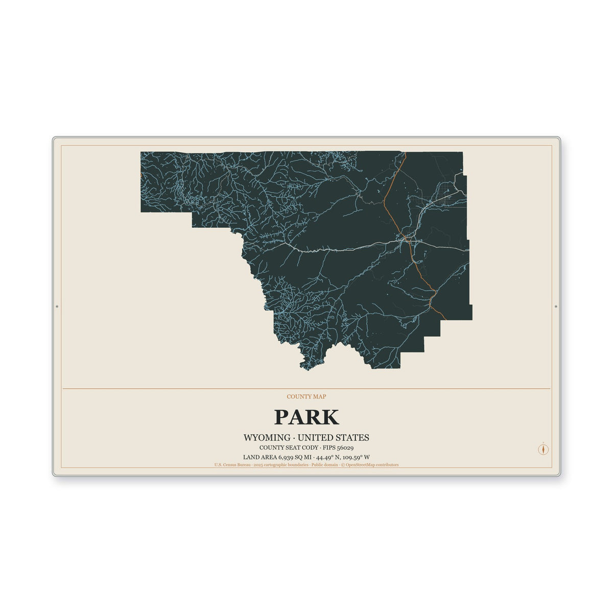 Park County, Wyoming Map Aluminum Sign in Headline Atlas style