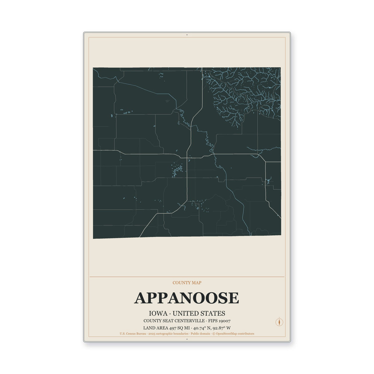 Appanoose County, Iowa Map Aluminum Sign in Headline Atlas style