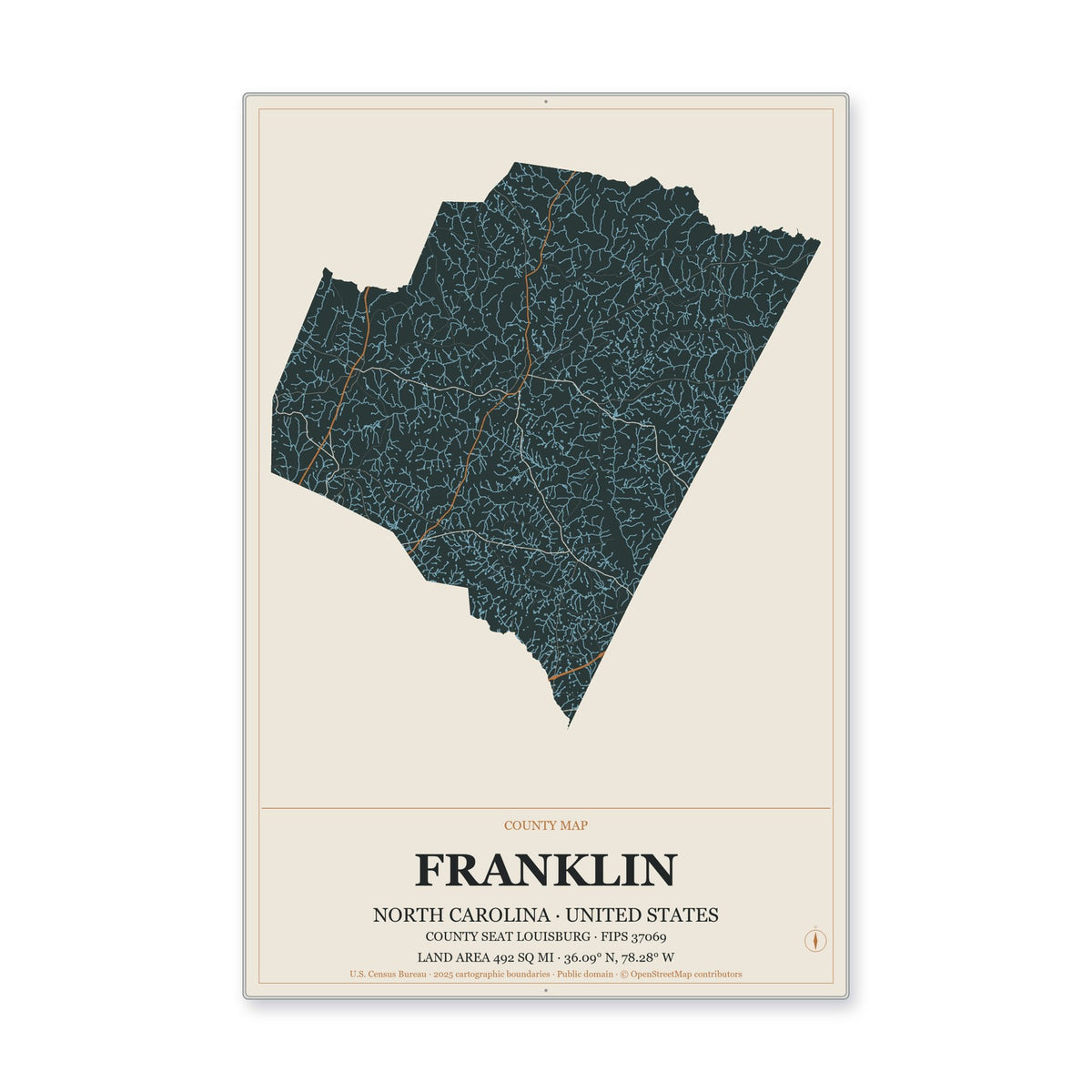 Franklin County, North Carolina Map Aluminum Sign in Headline Atlas style