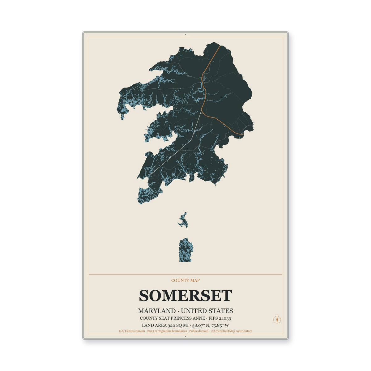 Somerset County, Maryland Map Aluminum Sign in Headline Atlas style