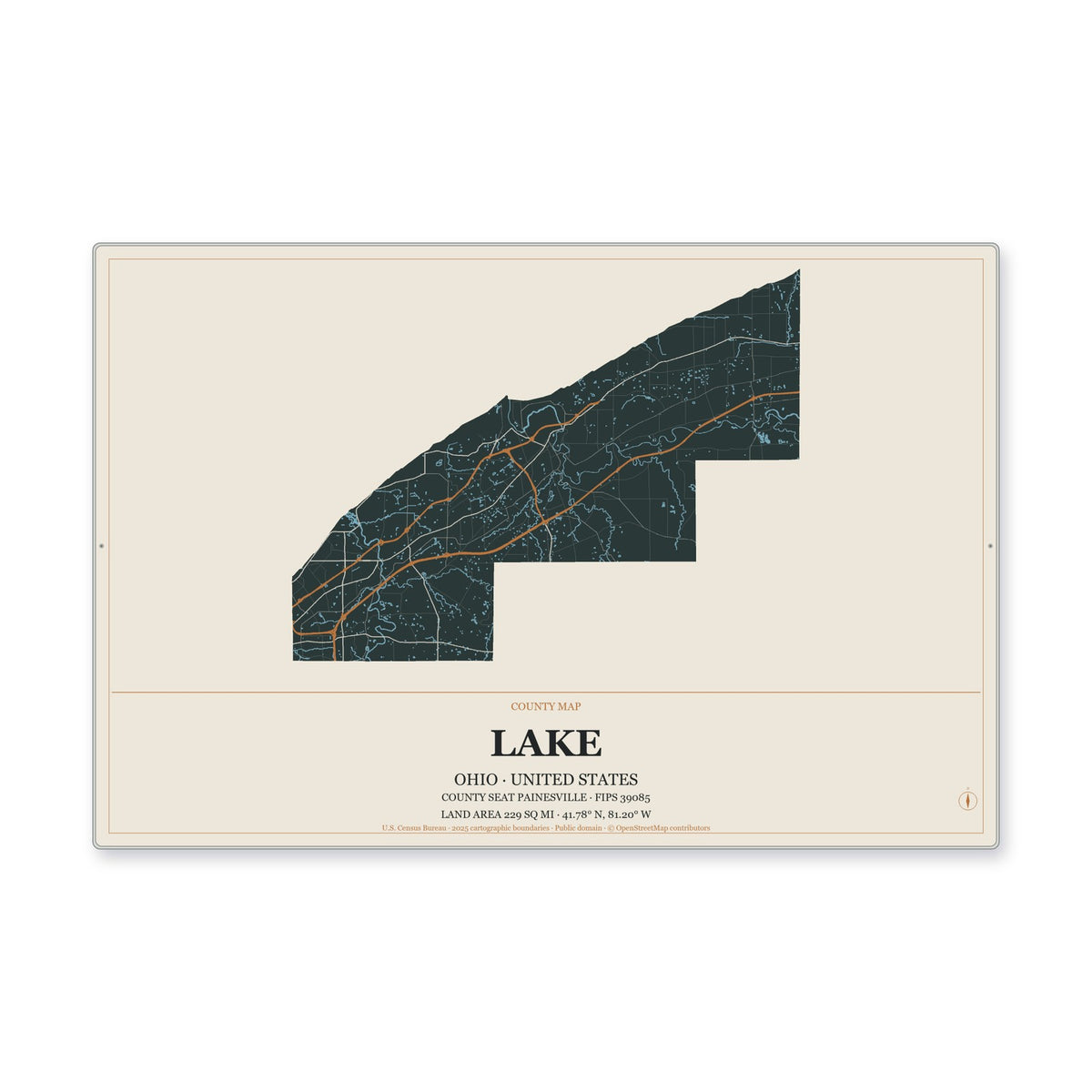 Lake County, Ohio Map Aluminum Sign in Headline Atlas style