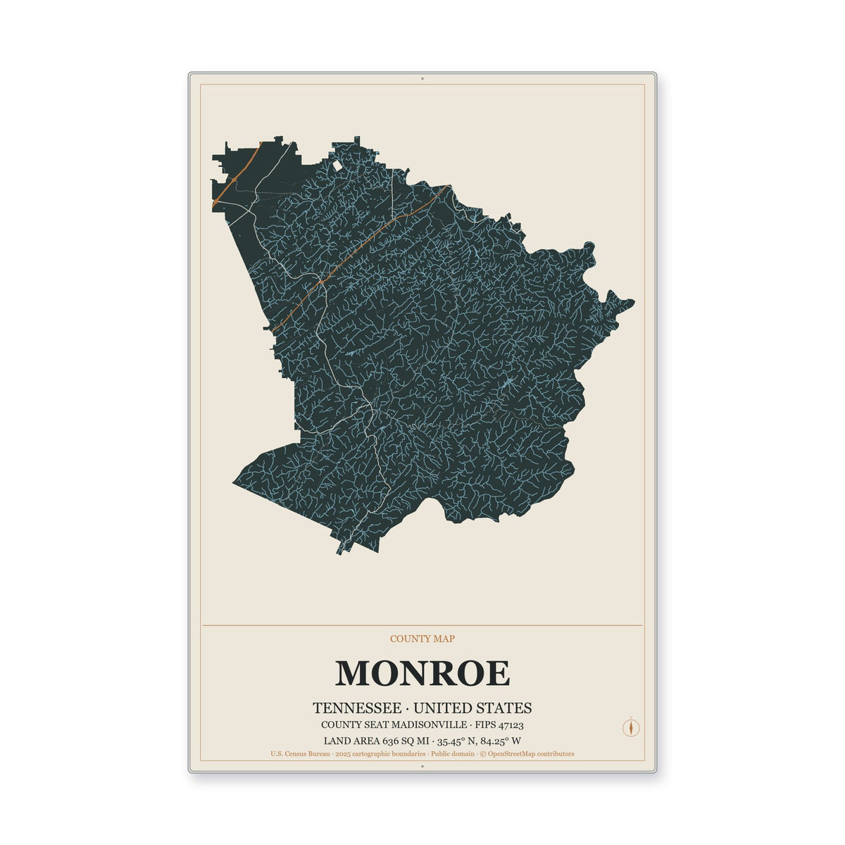 Monroe County, Tennessee Map Aluminum Sign in Headline Atlas style