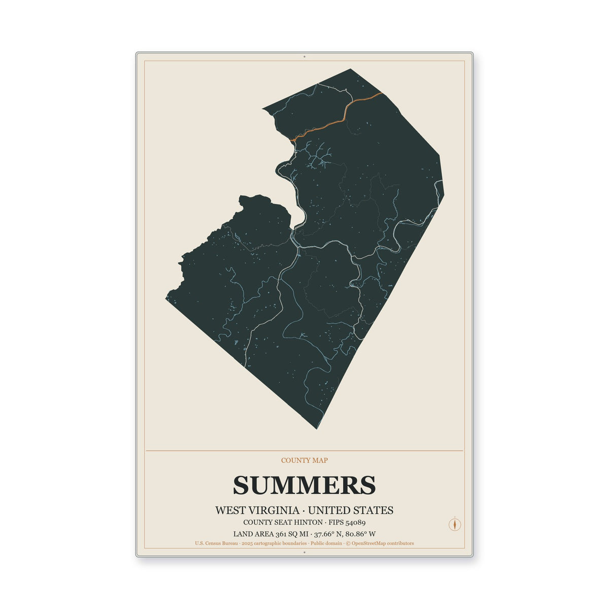 Summers County, West Virginia Map Aluminum Sign in Headline Atlas style