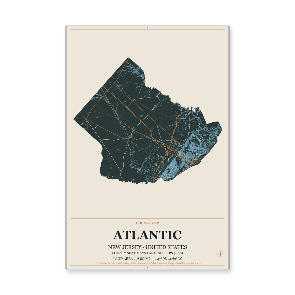 Atlantic County, New Jersey Map Aluminum Sign in Headline Atlas style