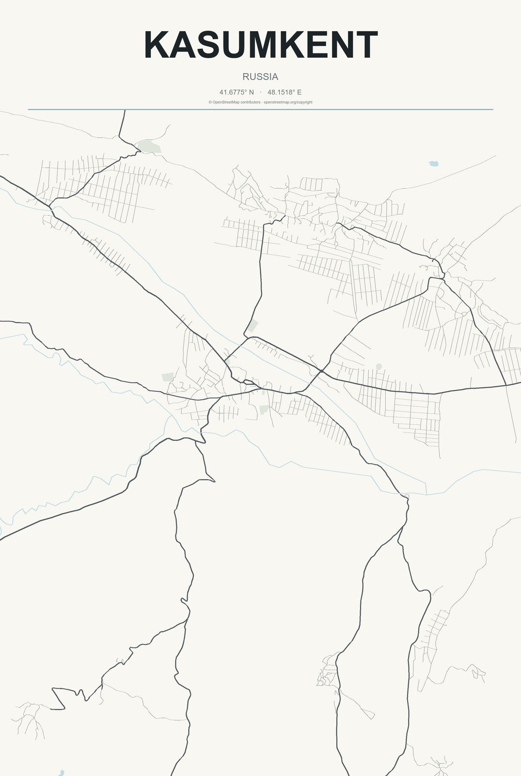 Kasumkent, Russia City Map Aluminum Sign in Headline Atlas style
