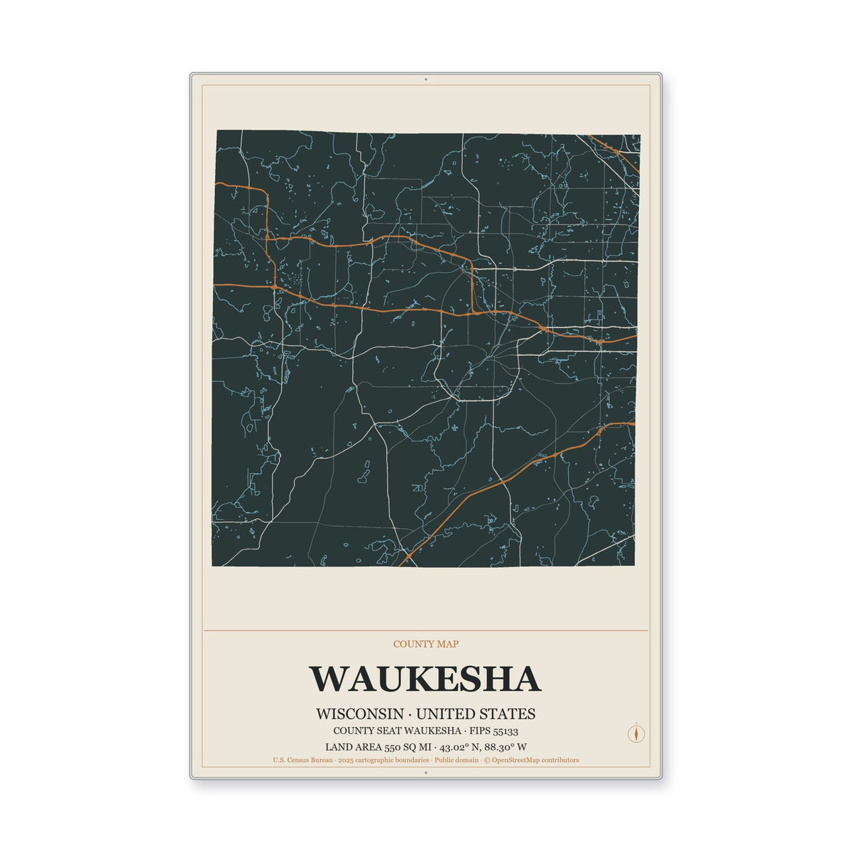 Waukesha County, Wisconsin Map Aluminum Sign in Headline Atlas style