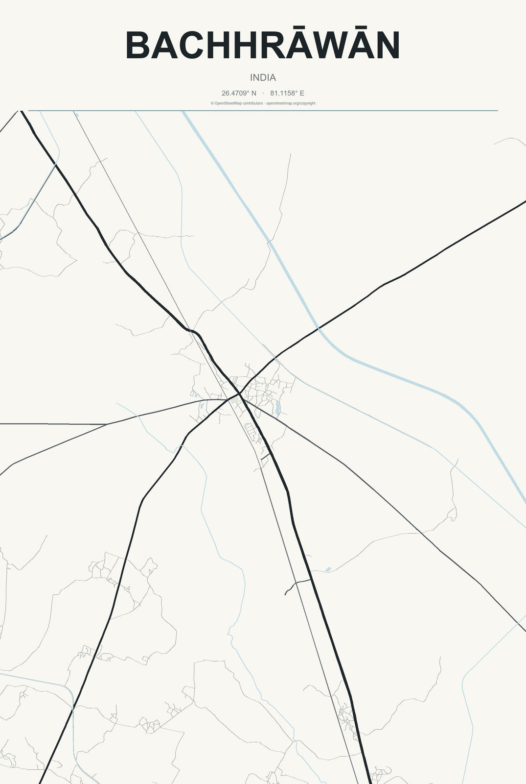 Bachhrāwān, India City Map Aluminum Sign in Headline Atlas style