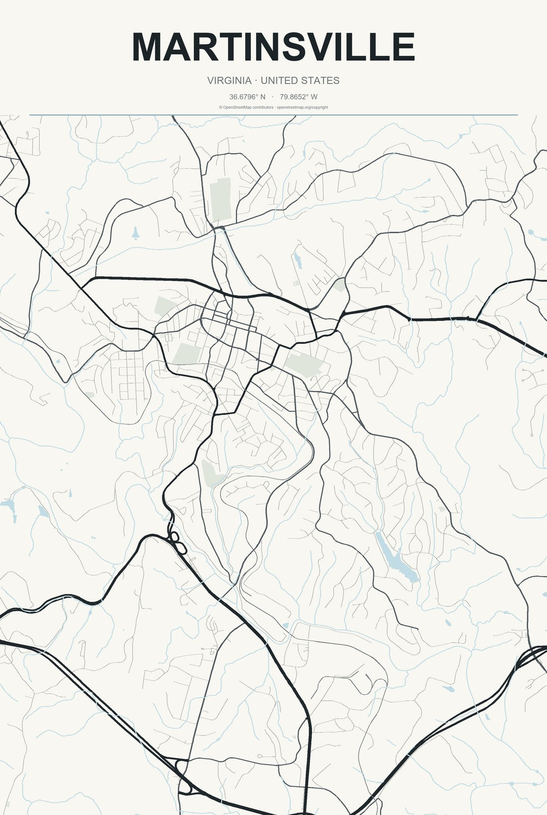 Martinsville, Virginia City Map Aluminum Sign in Headline Atlas style