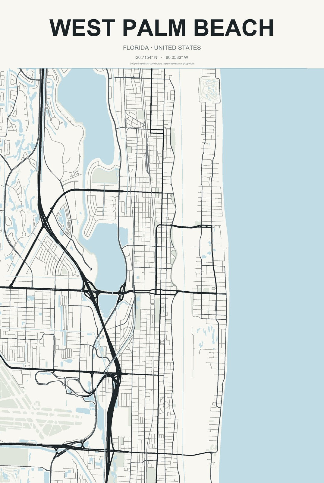 West Palm Beach, Florida City Map Aluminum Sign in Headline Atlas style