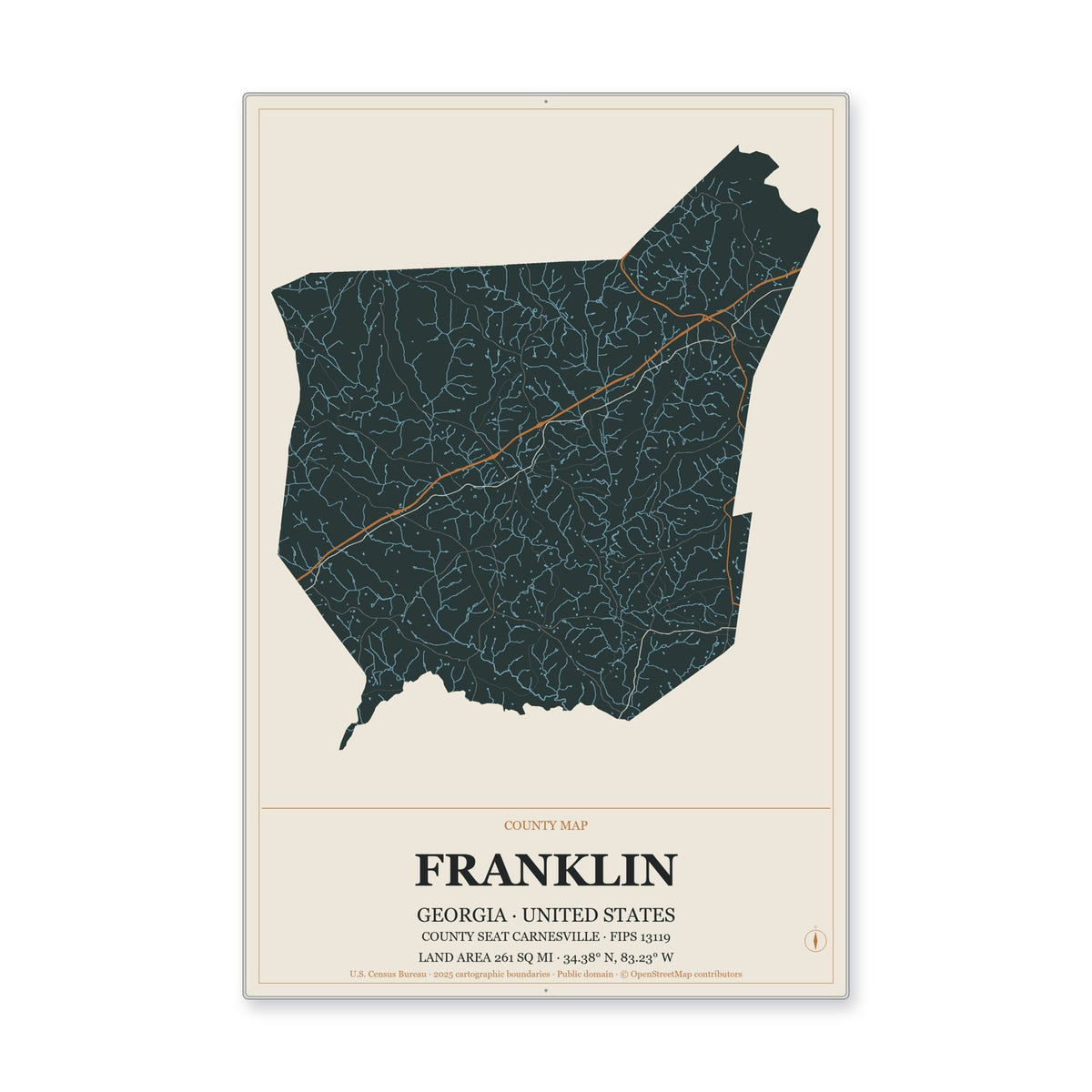 Franklin County, Georgia Map Aluminum Sign in Headline Atlas style