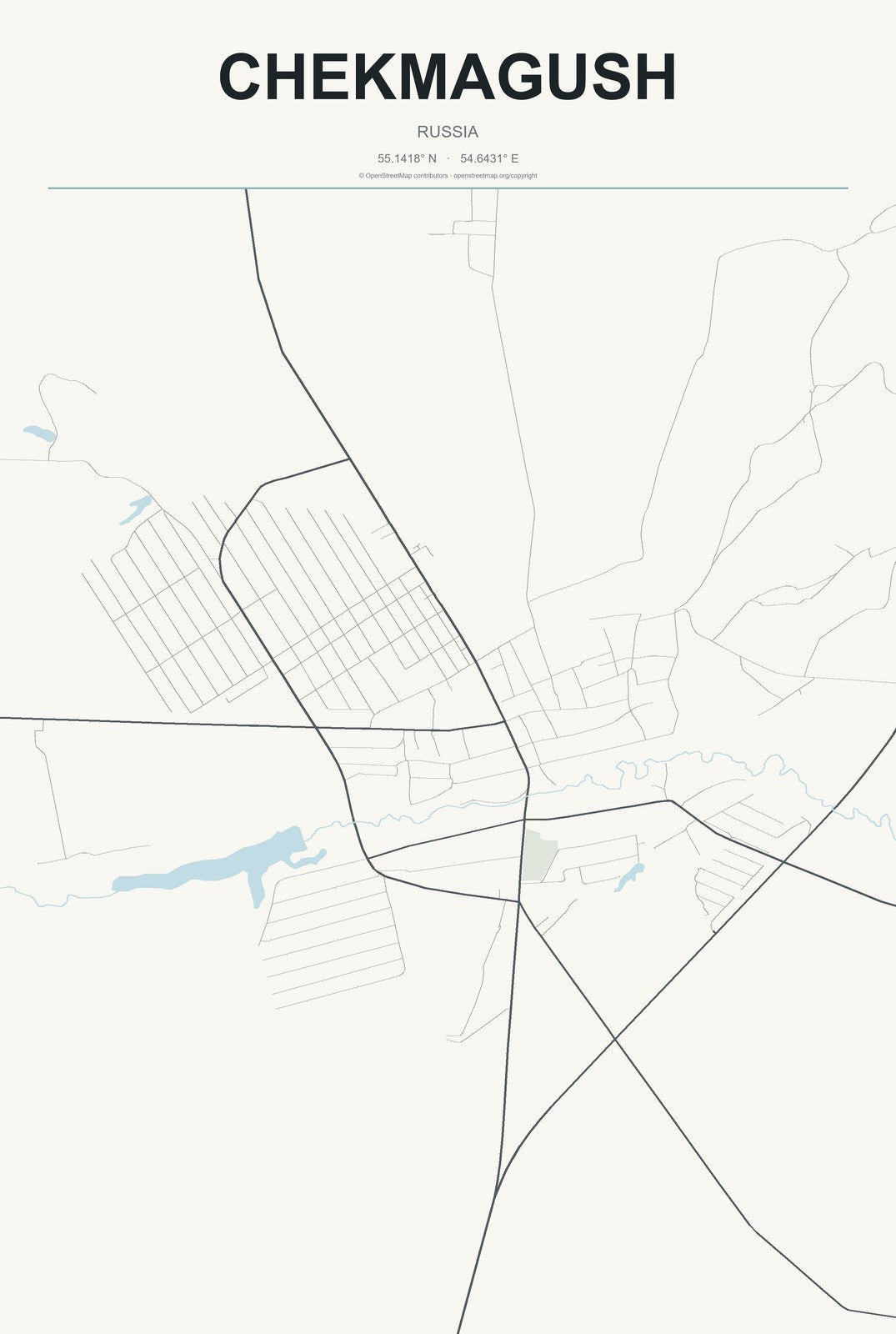 Chekmagush, Russia City Map Aluminum Sign in Headline Atlas style
