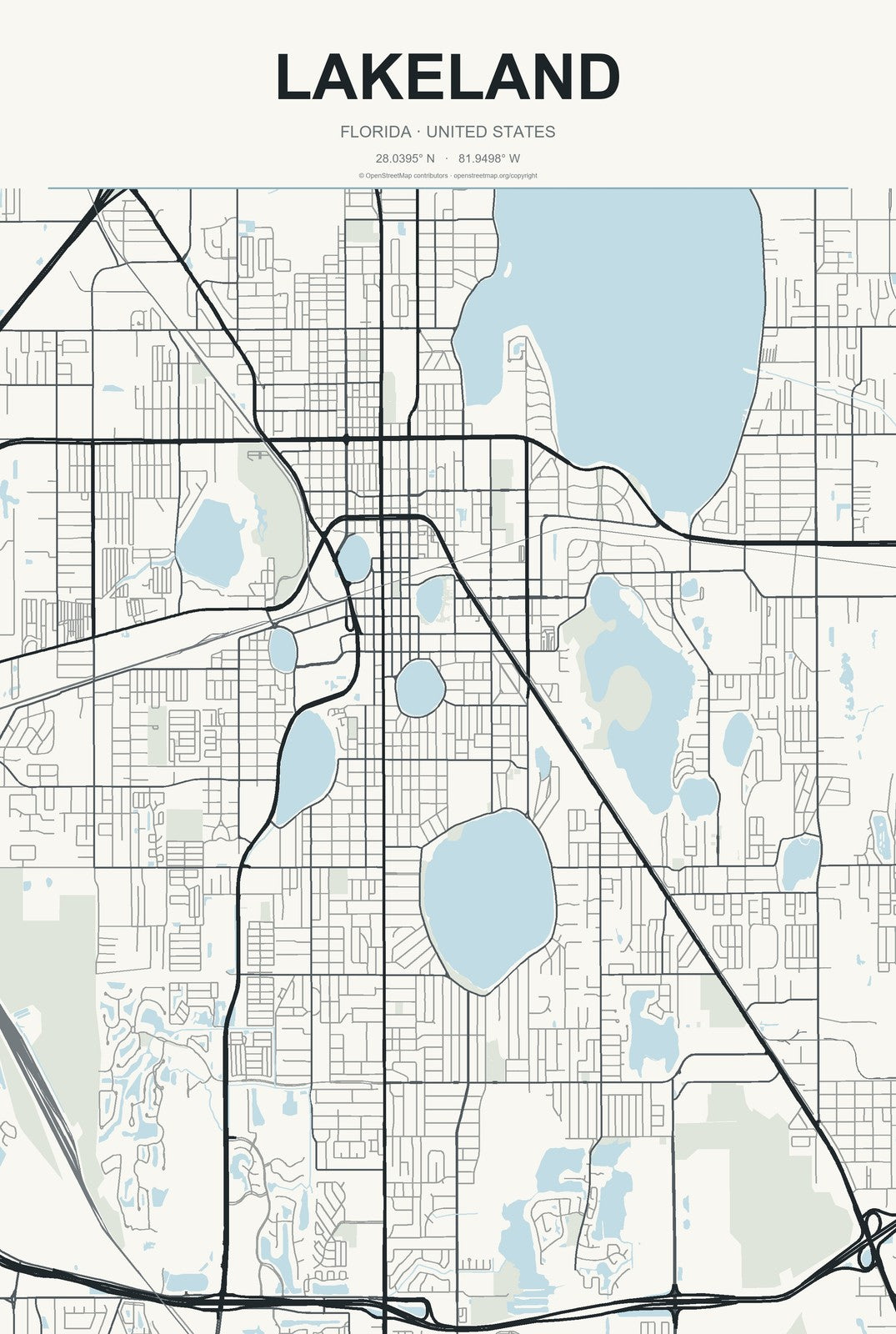 Lakeland, Florida City Map Aluminum Sign in Headline Atlas style