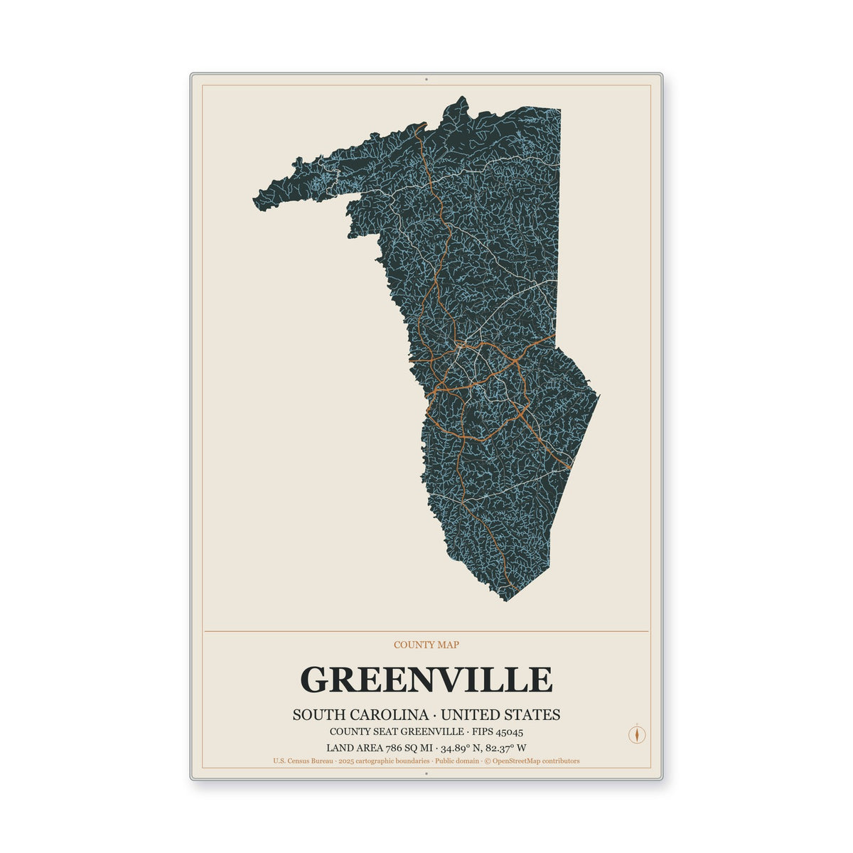 Greenville County, South Carolina Map Aluminum Sign in Headline Atlas style