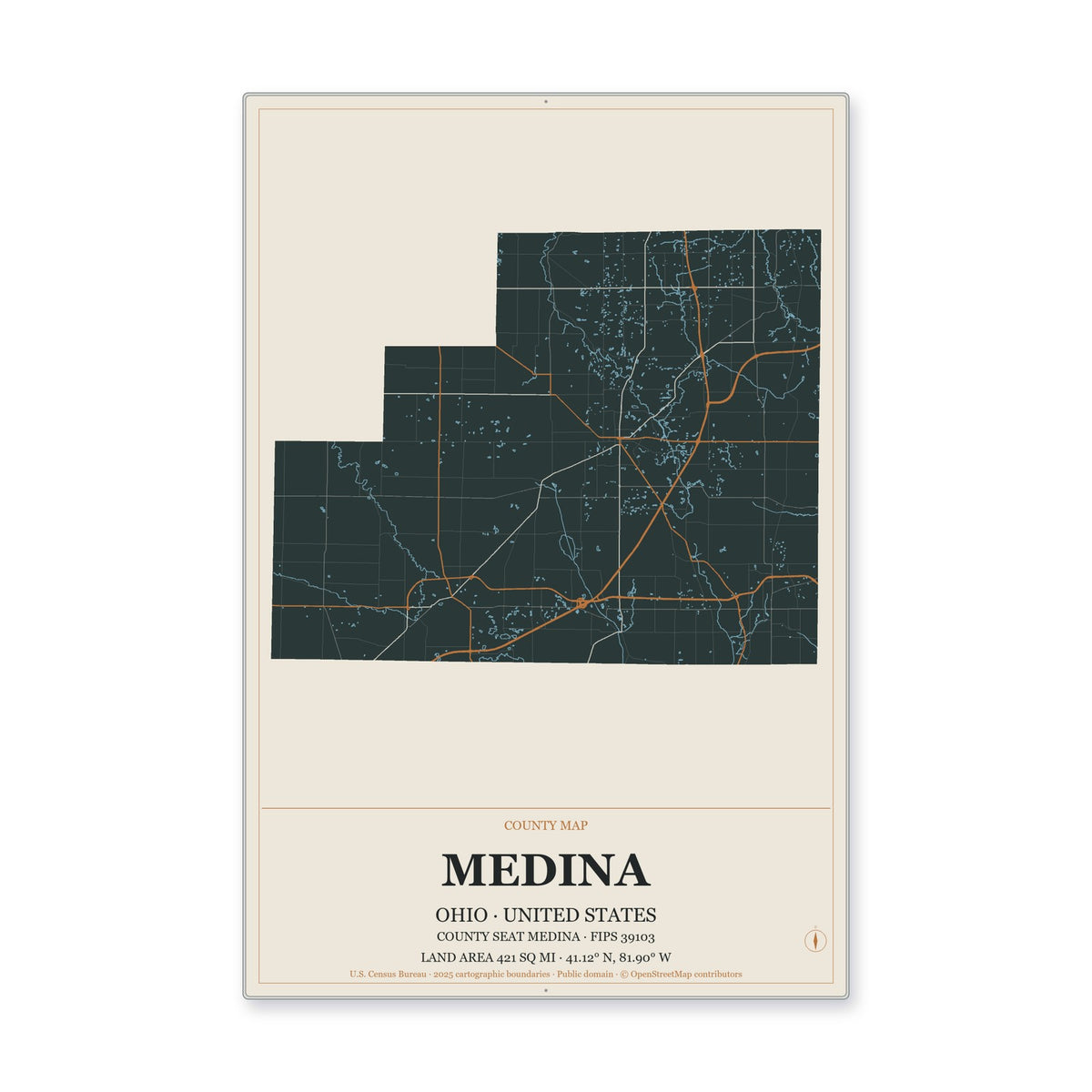Medina County, Ohio Map Aluminum Sign in Headline Atlas style