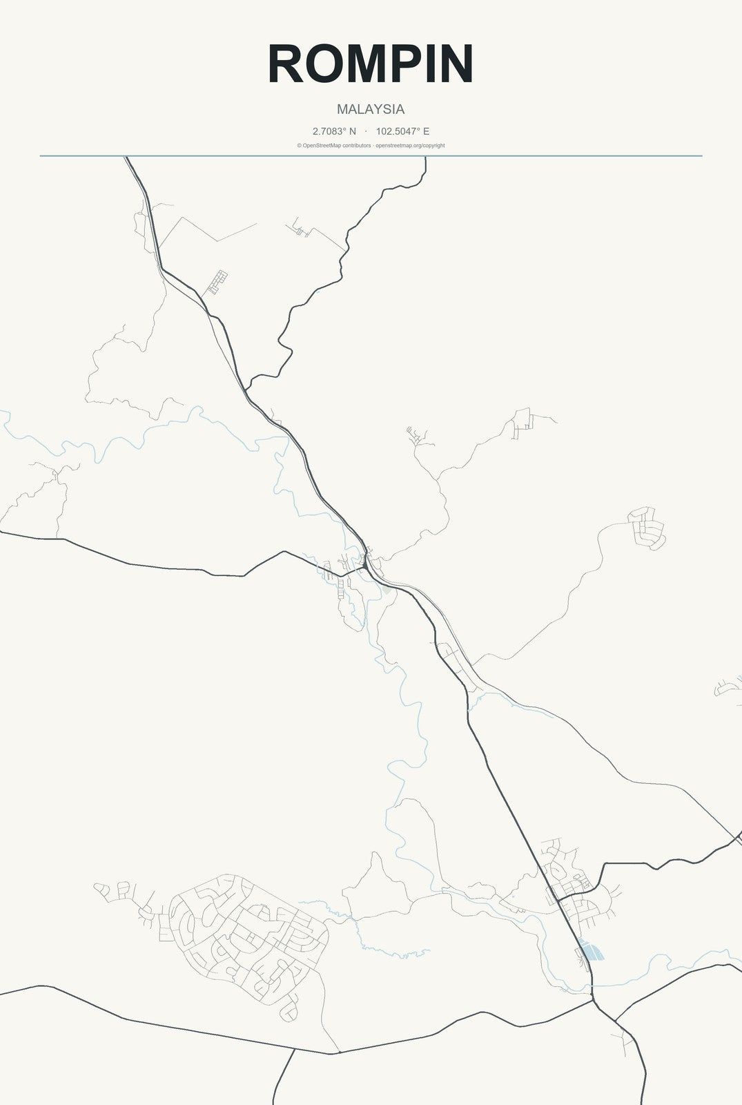 Rompin, Malaysia City Map Aluminum Sign in Headline Atlas style