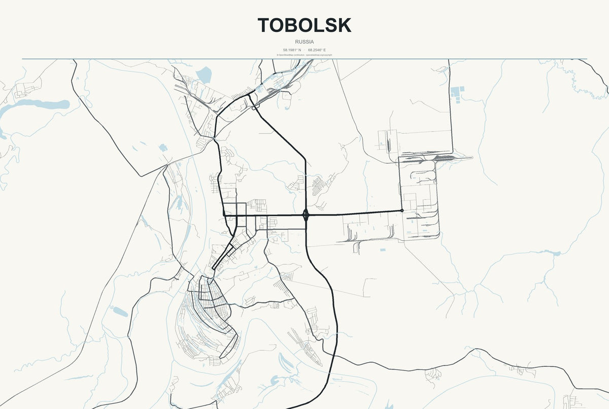 Tobolsk, Russia City Map Aluminum Sign in Headline Atlas style