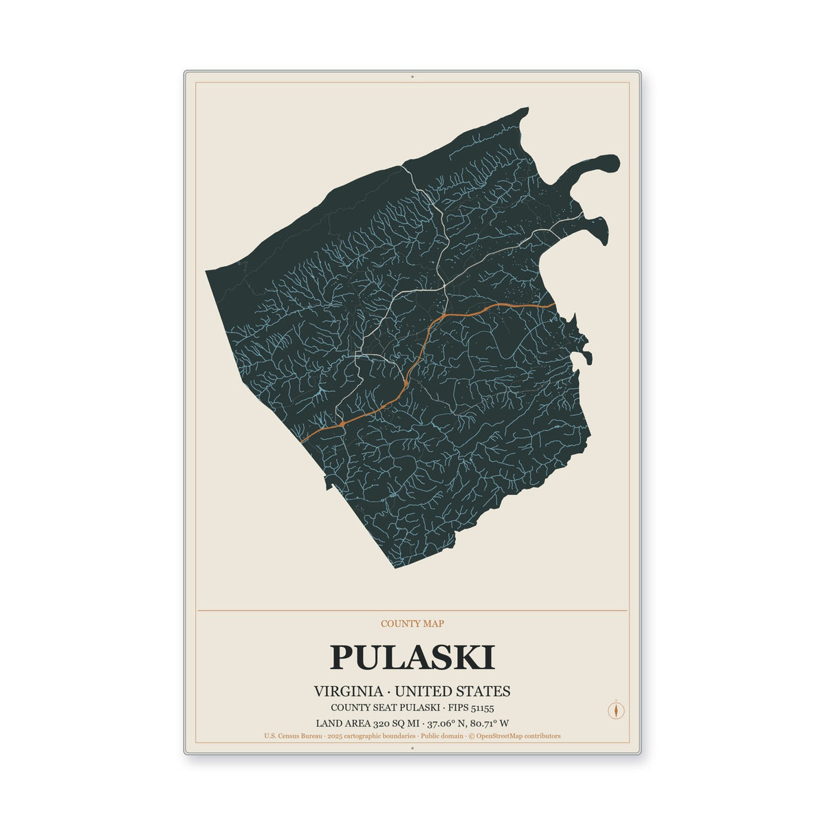 Pulaski County, Virginia Map Aluminum Sign in Headline Atlas style