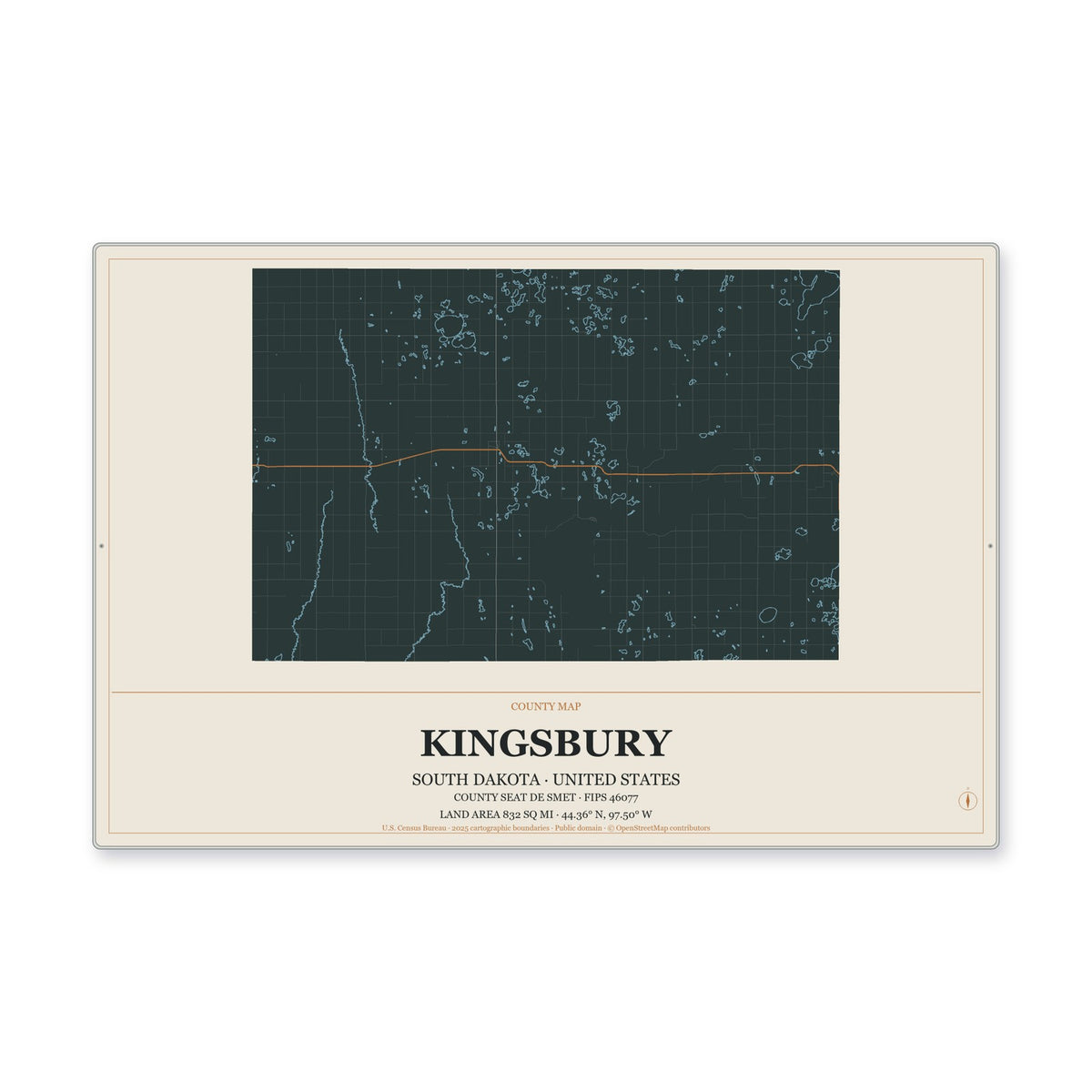 Kingsbury County, South Dakota Map Aluminum Sign in Headline Atlas style