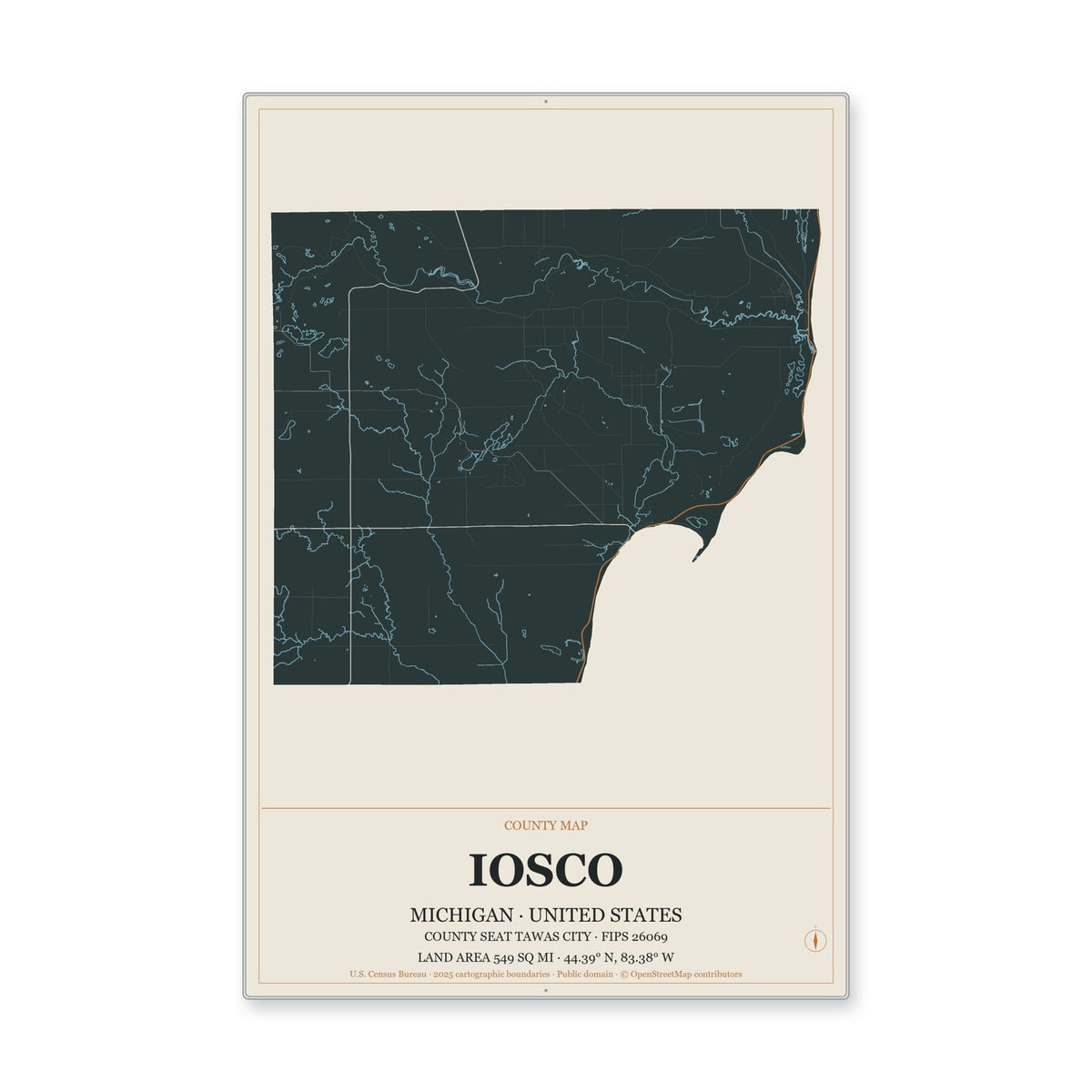 Iosco County, Michigan Map Aluminum Sign in Headline Atlas style