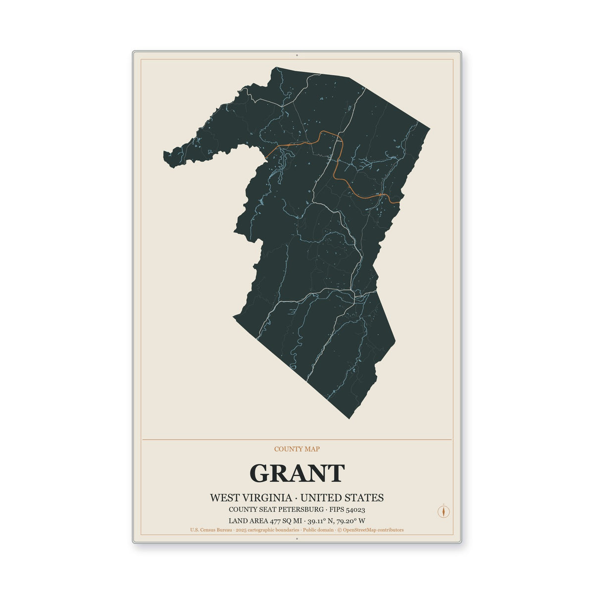 Grant County, West Virginia Map Aluminum Sign in Headline Atlas style