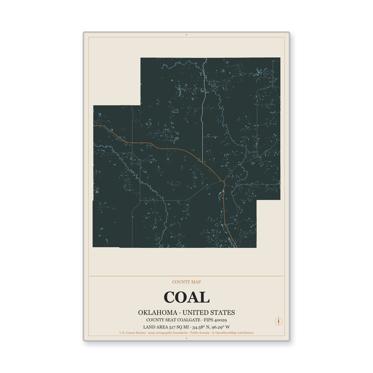 Coal County, Oklahoma Map Aluminum Sign in Headline Atlas style