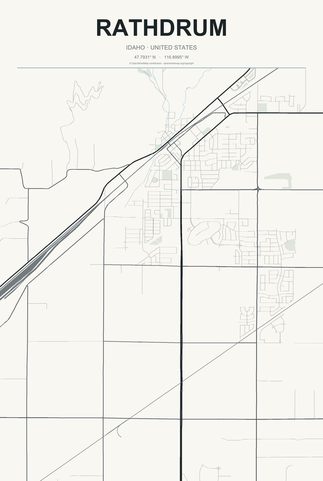 Rathdrum, Idaho City Map Aluminum Sign in Headline Atlas style