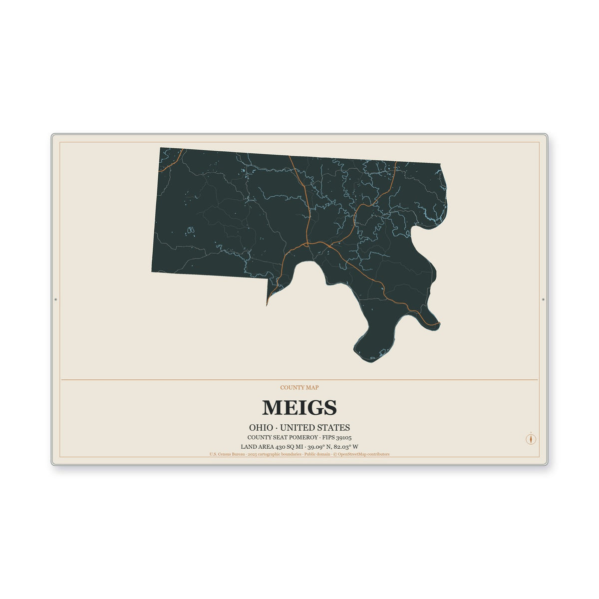 Meigs County, Ohio Map Aluminum Sign in Headline Atlas style