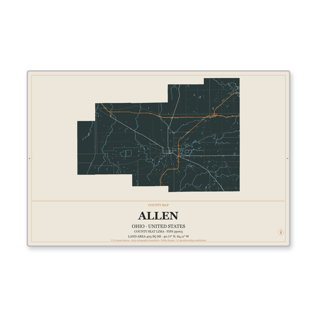 Allen County, Ohio Map Aluminum Sign in Headline Atlas style