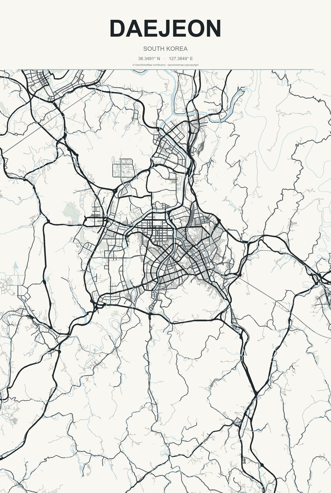 Daejeon, South Korea City Map Aluminum Sign in Headline Atlas style