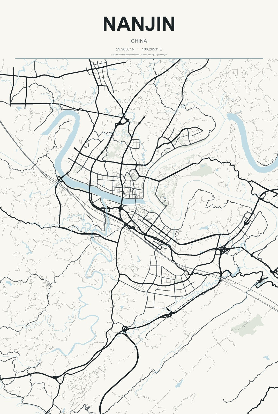 Nanjin, China City Map Aluminum Sign in Headline Atlas style
