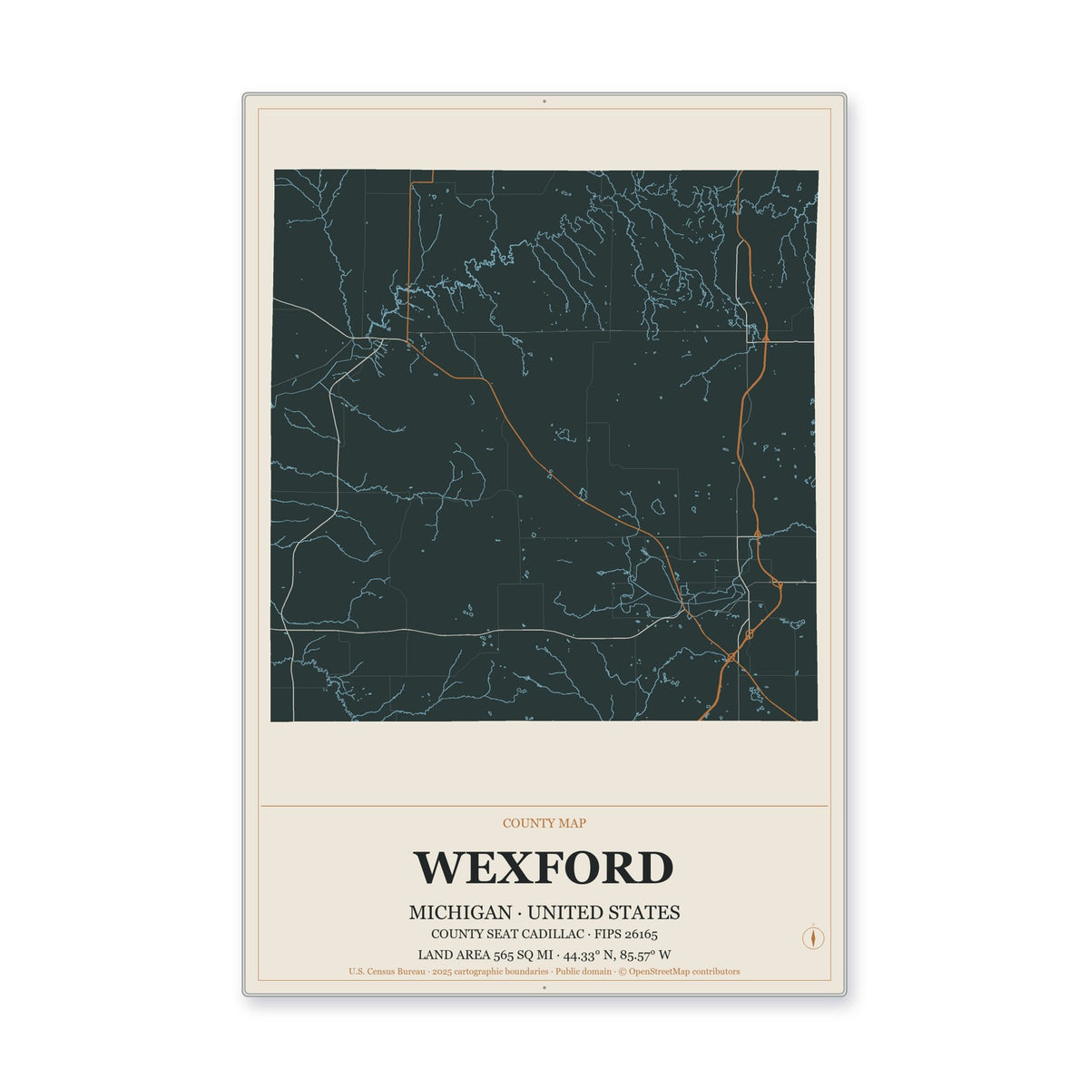 Wexford County, Michigan Map Aluminum Sign in Headline Atlas style