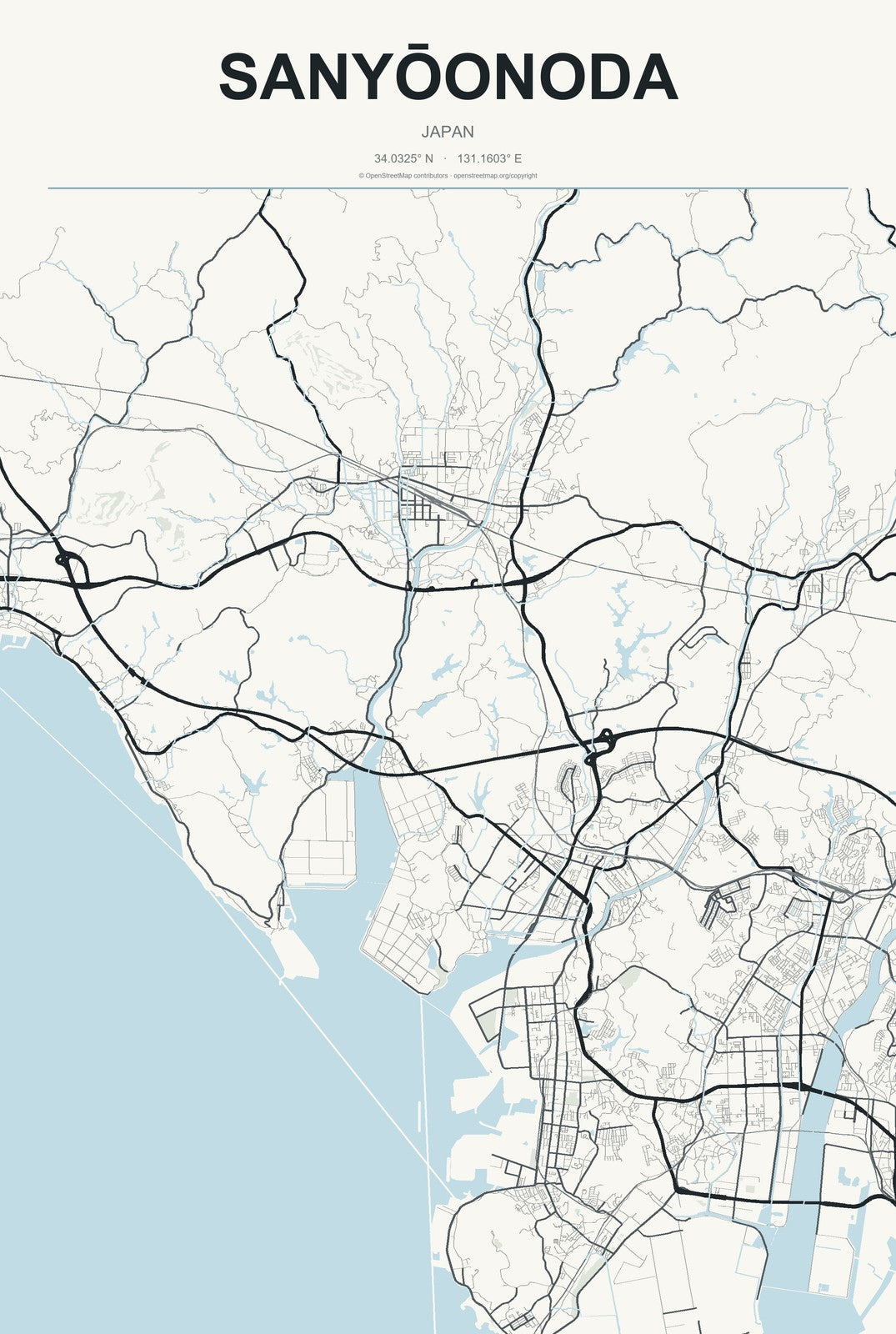 Sanyōonoda, Japan City Map Aluminum Sign in Headline Atlas style