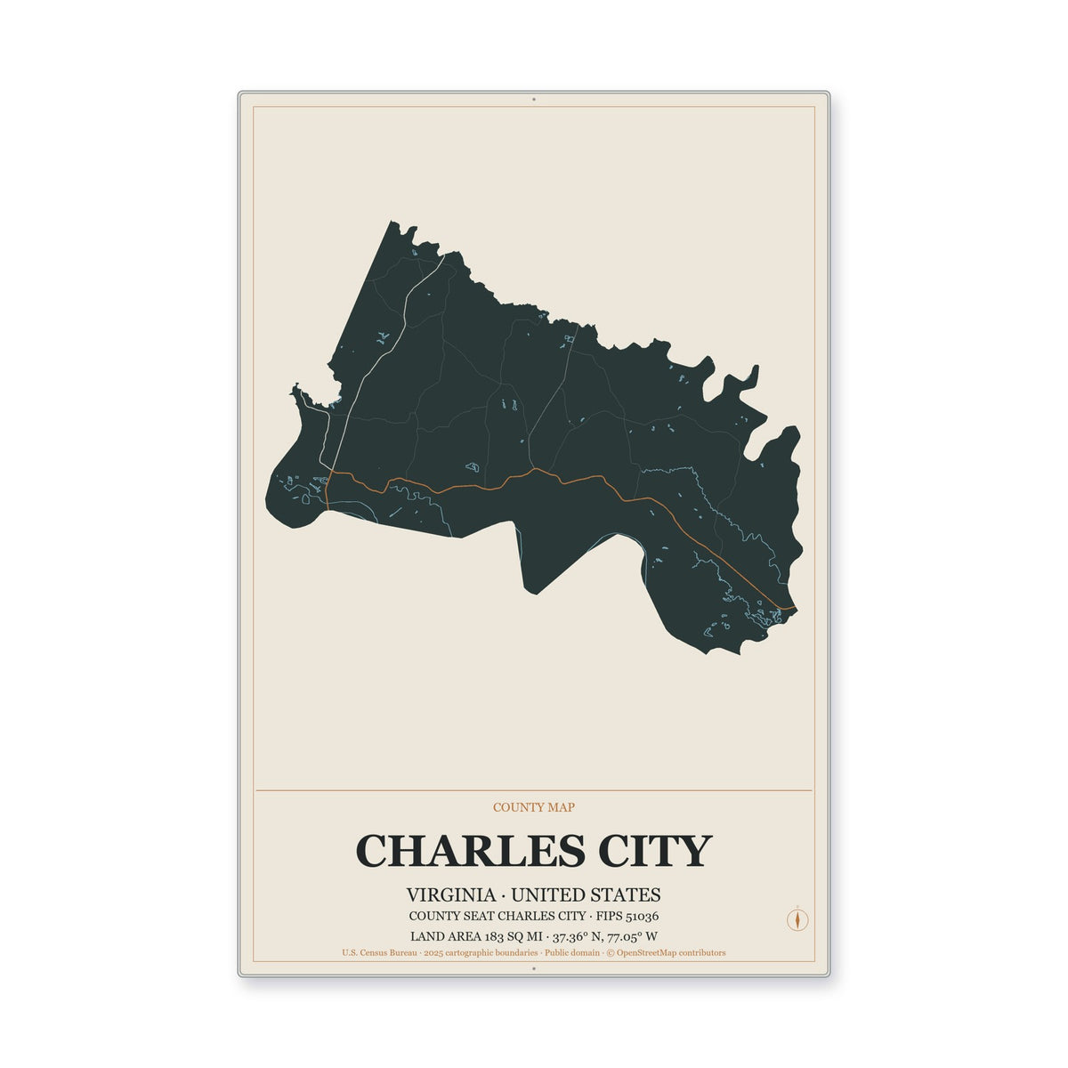 Charles City County, Virginia Map Aluminum Sign in Headline Atlas style