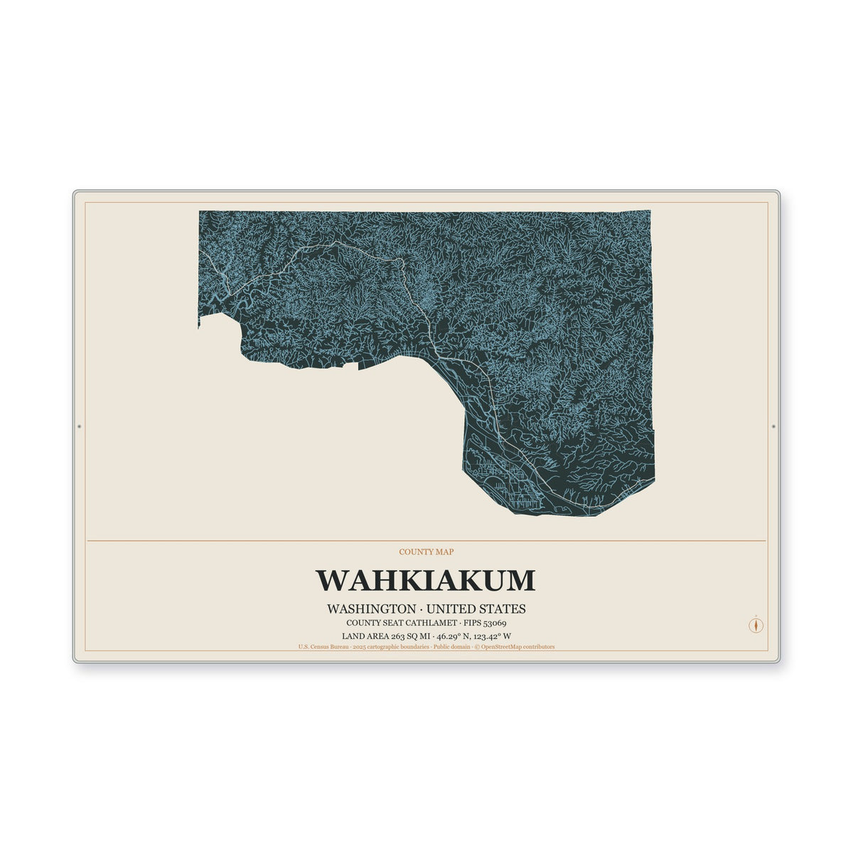 Wahkiakum County, Washington Map Aluminum Sign in Headline Atlas style