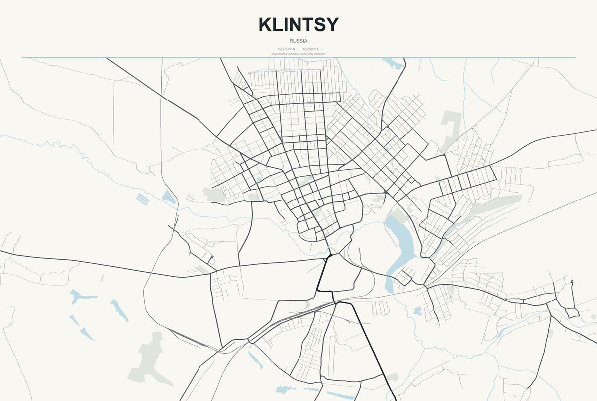 Klintsy, Russia City Map Aluminum Sign in Headline Atlas style