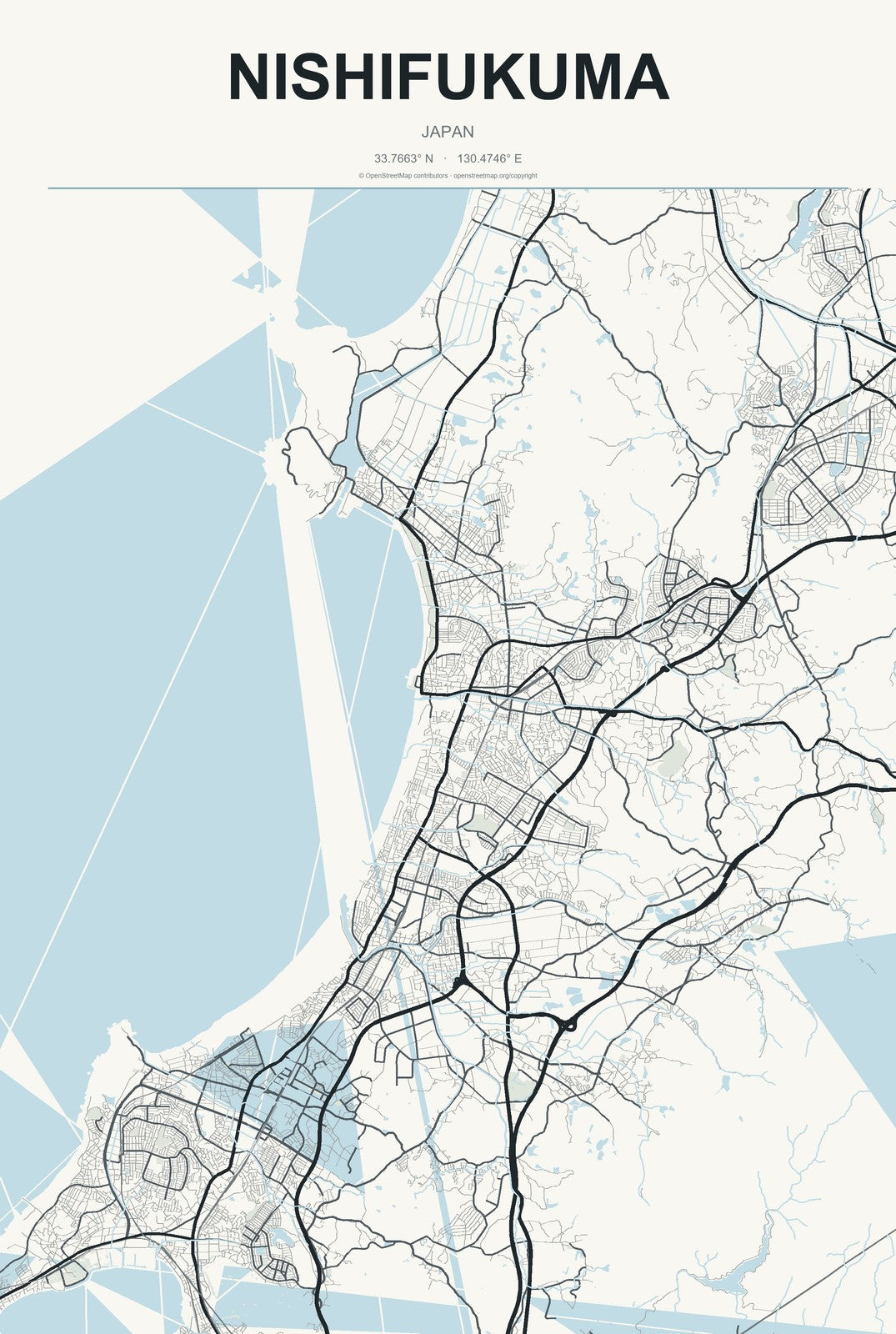 Nishifukuma, Japan City Map Aluminum Sign in Headline Atlas style