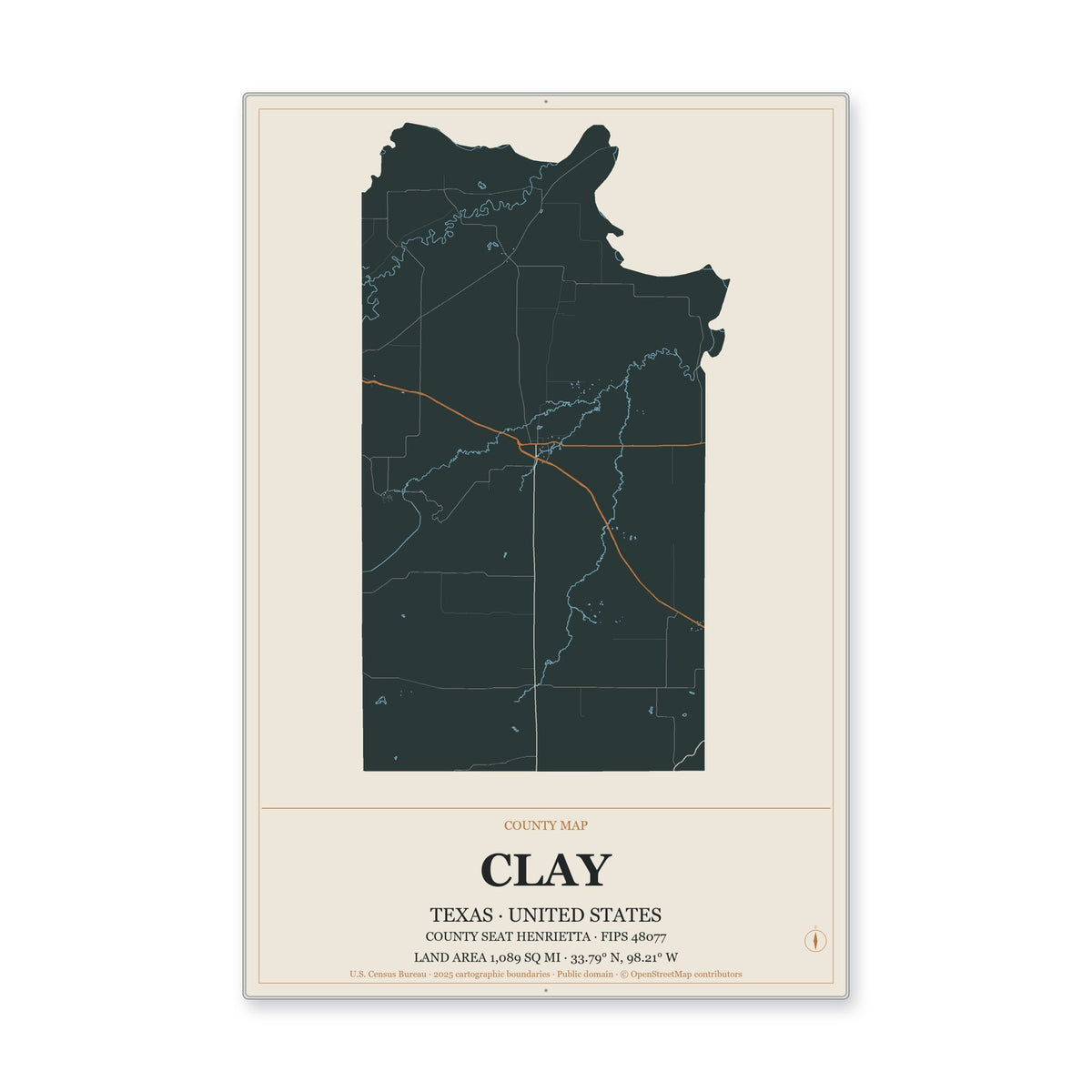Clay County, Texas Map Aluminum Sign in Headline Atlas style