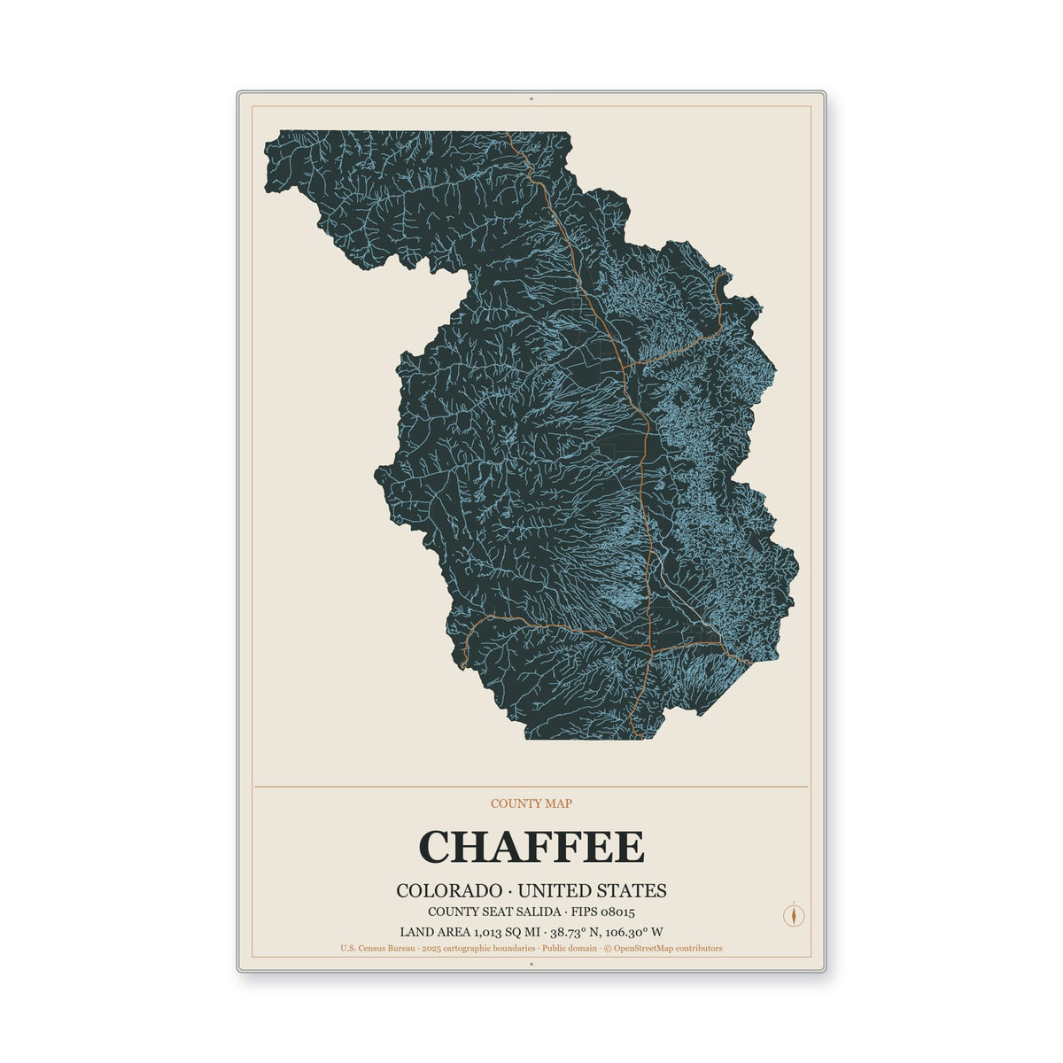Chaffee County, Colorado Map Aluminum Sign in Headline Atlas style