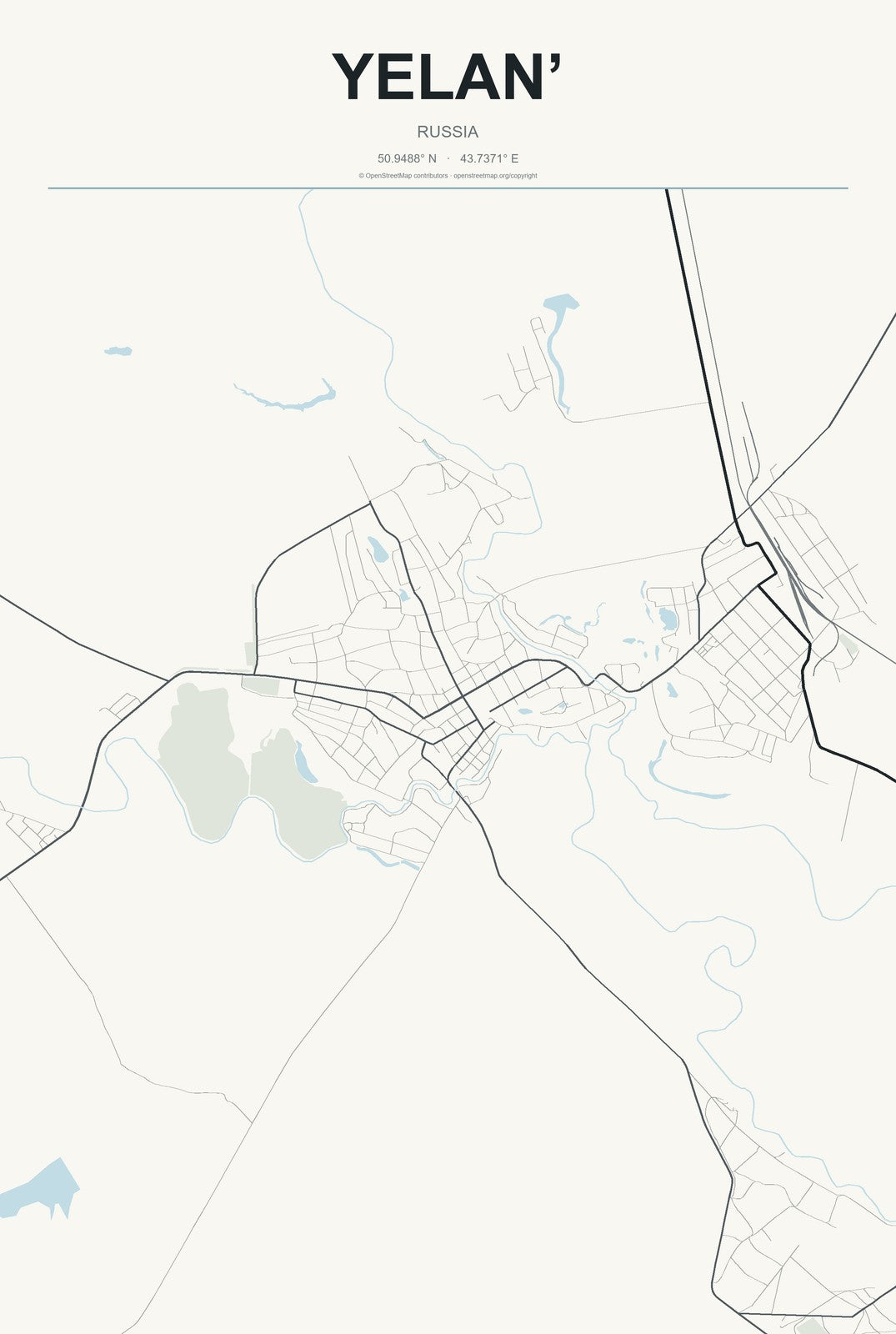 Yelan’, Russia City Map Aluminum Sign in Headline Atlas style