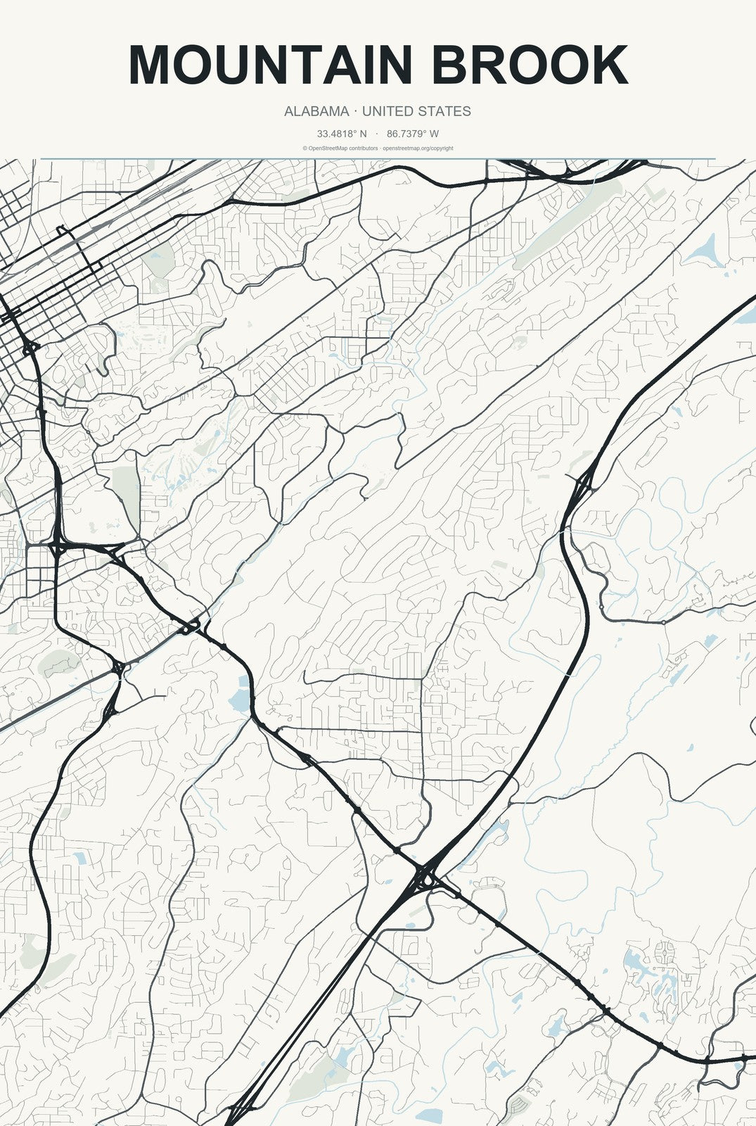 Mountain Brook, Alabama City Map Aluminum Sign in Headline Atlas style