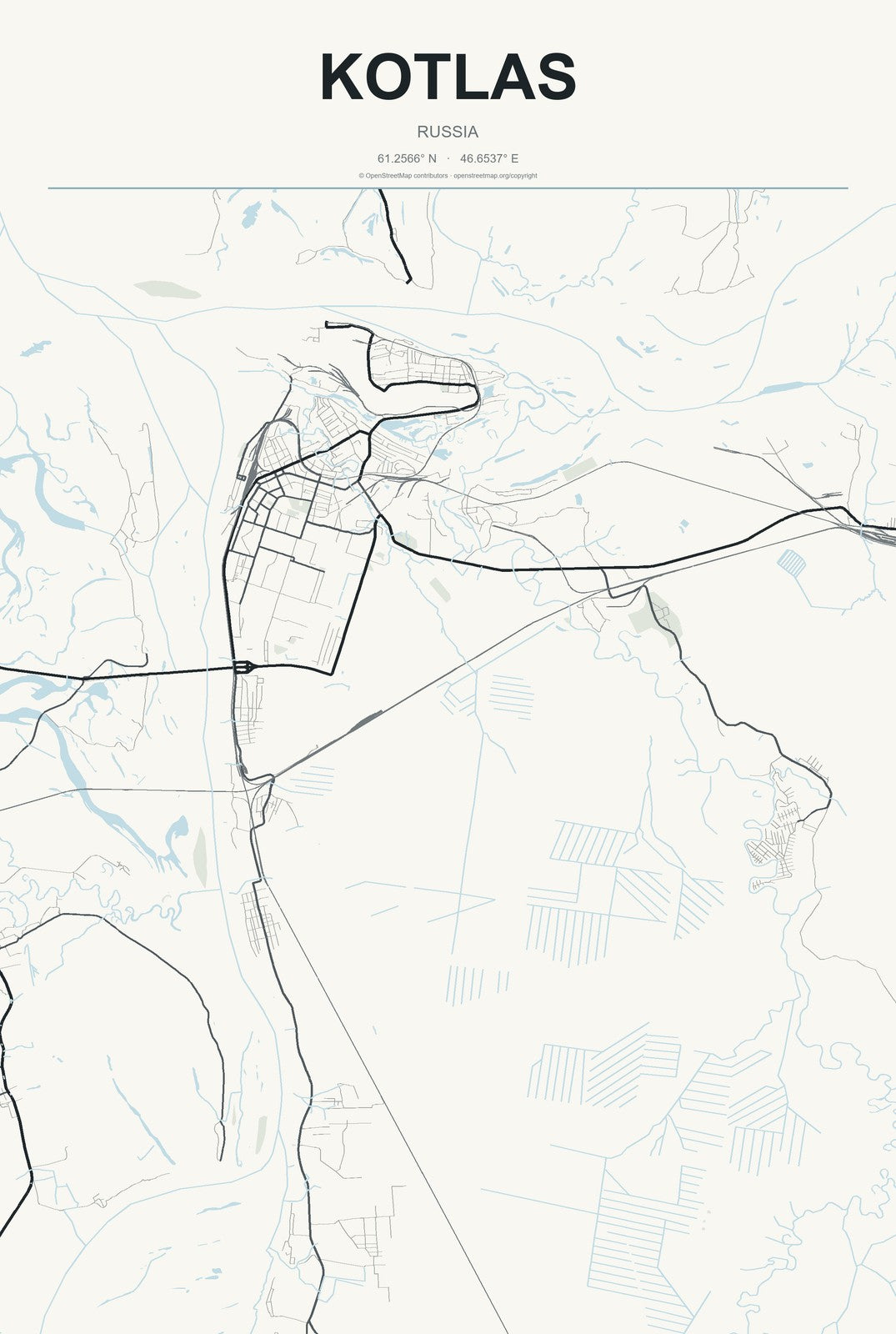 Kotlas, Russia City Map Aluminum Sign in Headline Atlas style